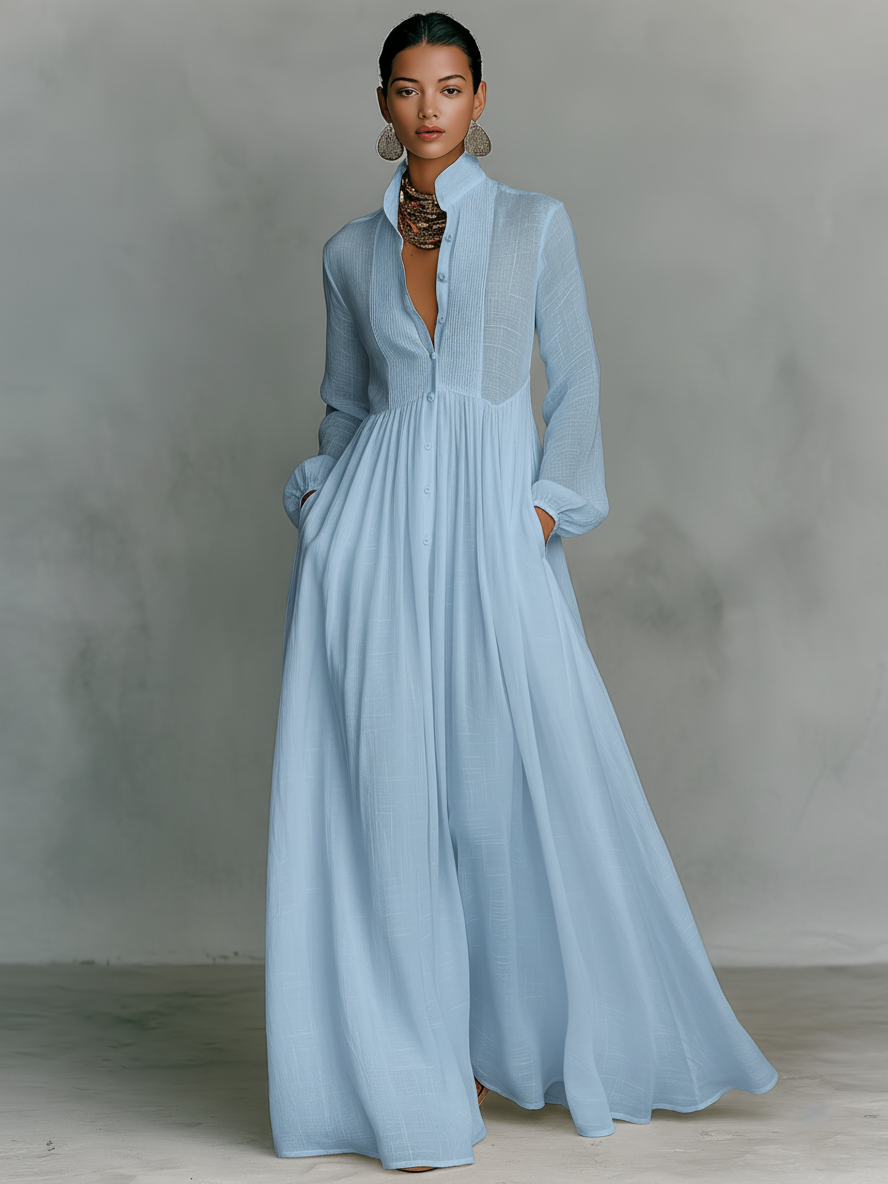 Maxi Abito Minimalista in Cotone e Lino con Patchwork, Collo Alto e Maniche Lunghe