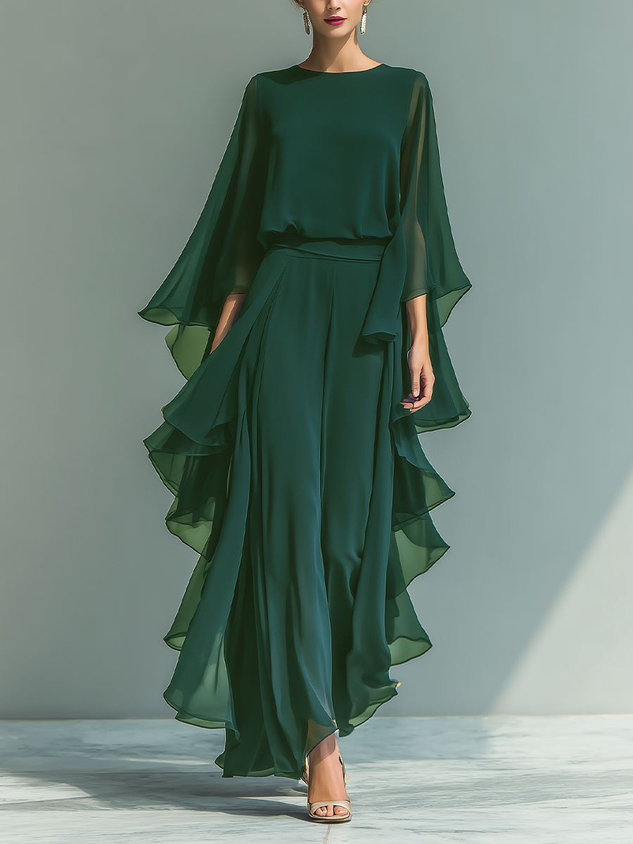 Completo Donna Top Chiffon Blu Marino Con Maniche A Campana E Pantaloni Dritti Con Dettagli Volant
