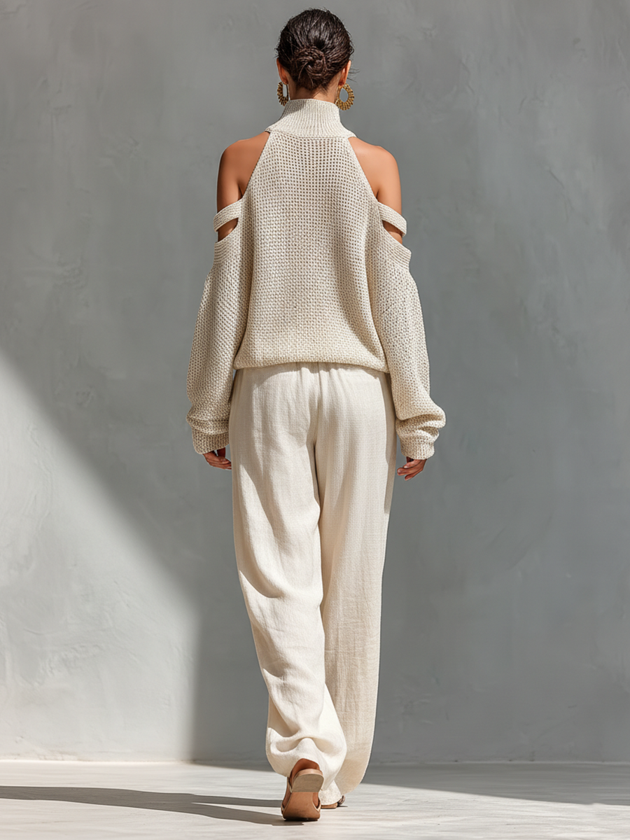 Completo Top Collo Alto con Spalle Scoperte in Maglia Beige per Donne & Pantaloni a Gamba Larga