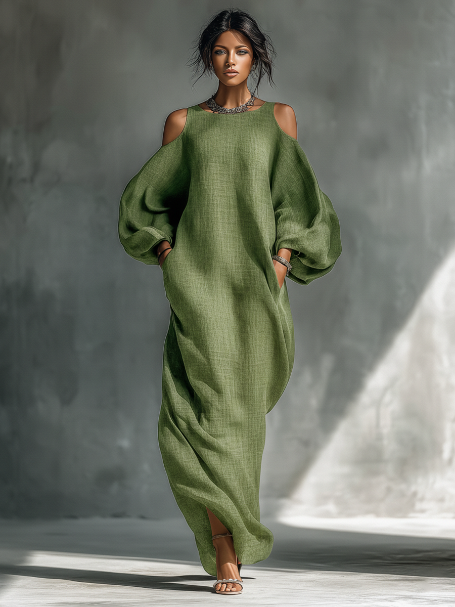 Abito maxi donna verde chiaro con spalle scoperte, maniche a sbuffo oversize e tasche laterali