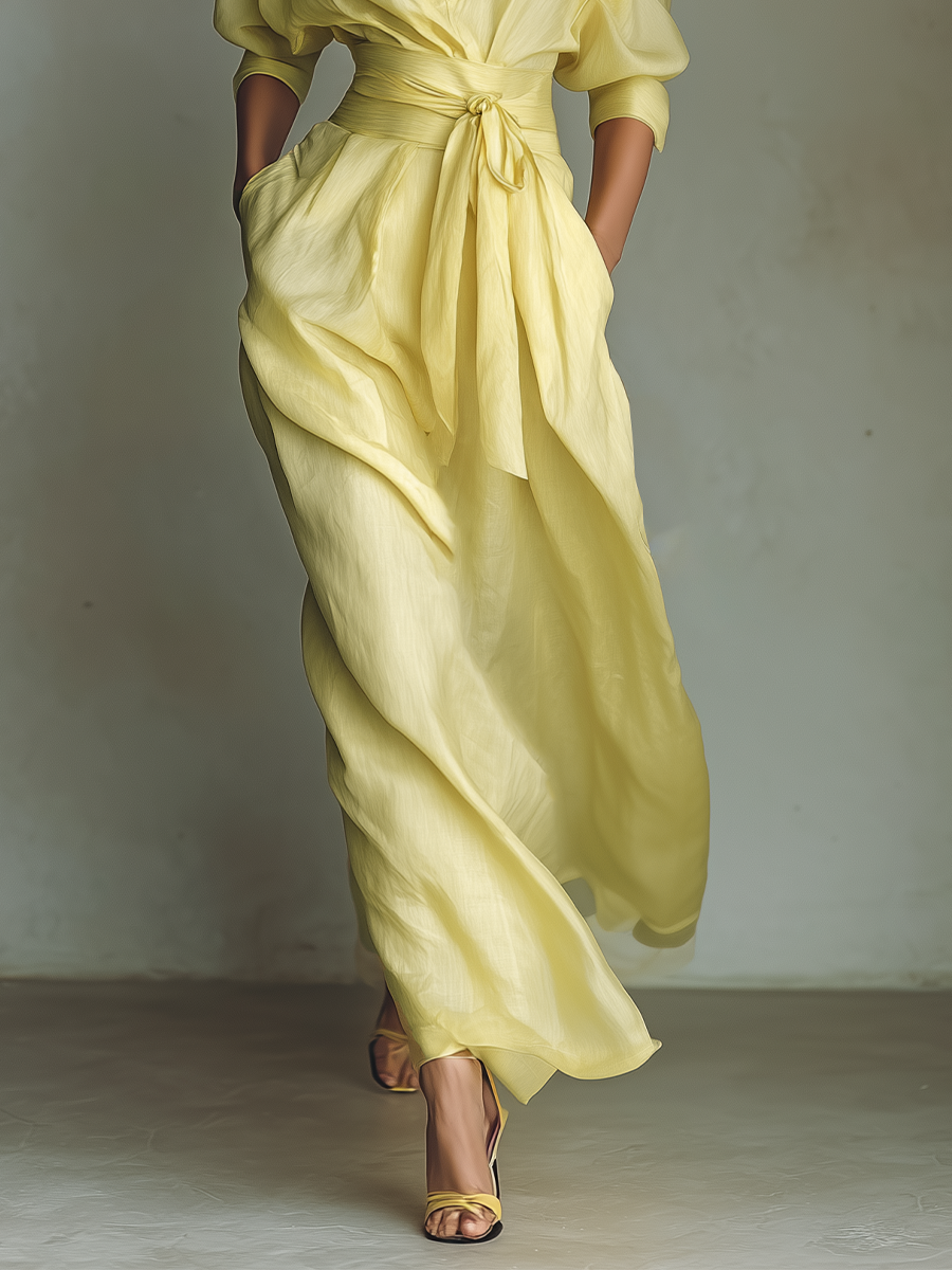 Abito Camicia Maxi Donna Giallo Limone In Cotone E Lino Con Cintura Da Annodare & Maniche A Tre Quarti