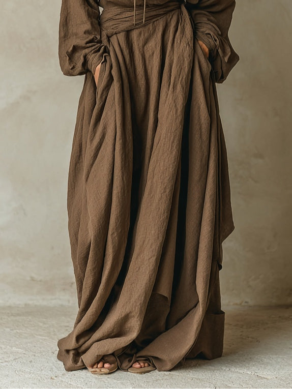 Abito maxi loose in lino cotone sintetico marrone