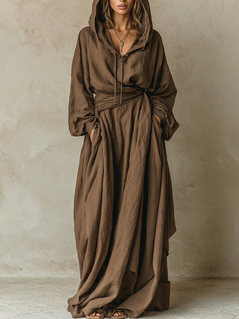 Abito maxi loose in lino cotone sintetico marrone