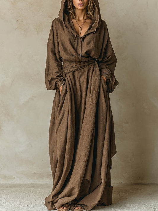 Abito maxi loose in lino cotone sintetico marrone