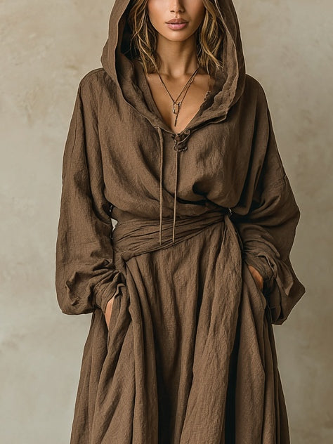 Abito maxi loose in lino cotone sintetico marrone