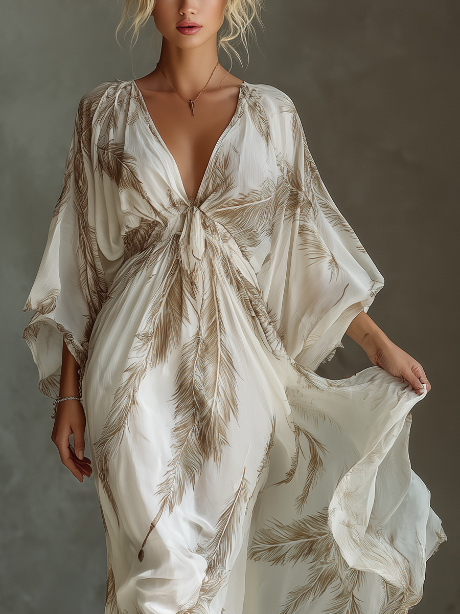 Abito Maxi in Chiffon Avorio e Taupe con Maniche Dolman e Davanti Intrecciato con Stampa Foglia di Palma