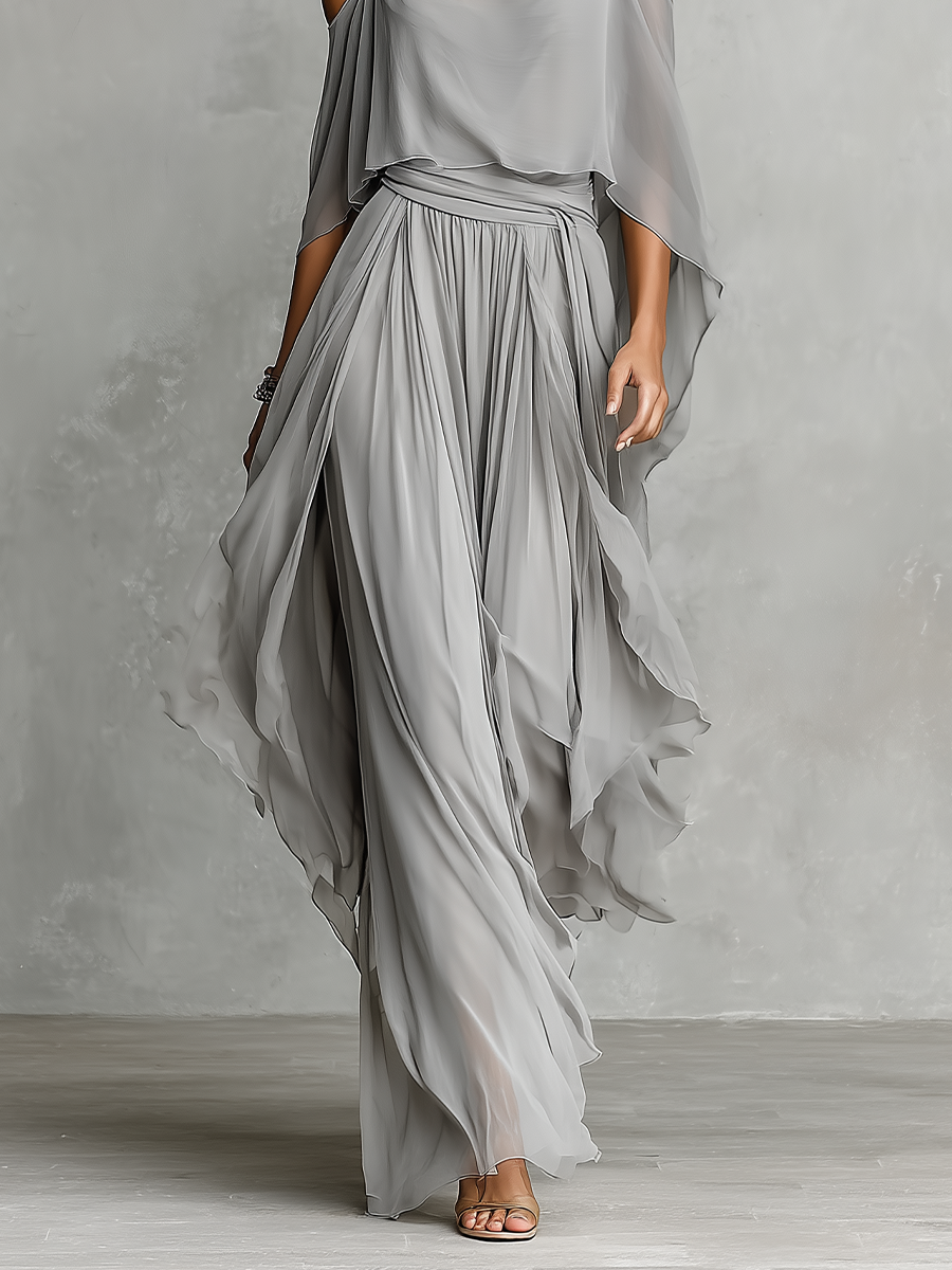 Completo in Chiffon Traspirante Grigio Donna con Dettaglio Spalle Scoperte & Silhouette Svasata, Stile Contemporaneo Lusso-Femminile