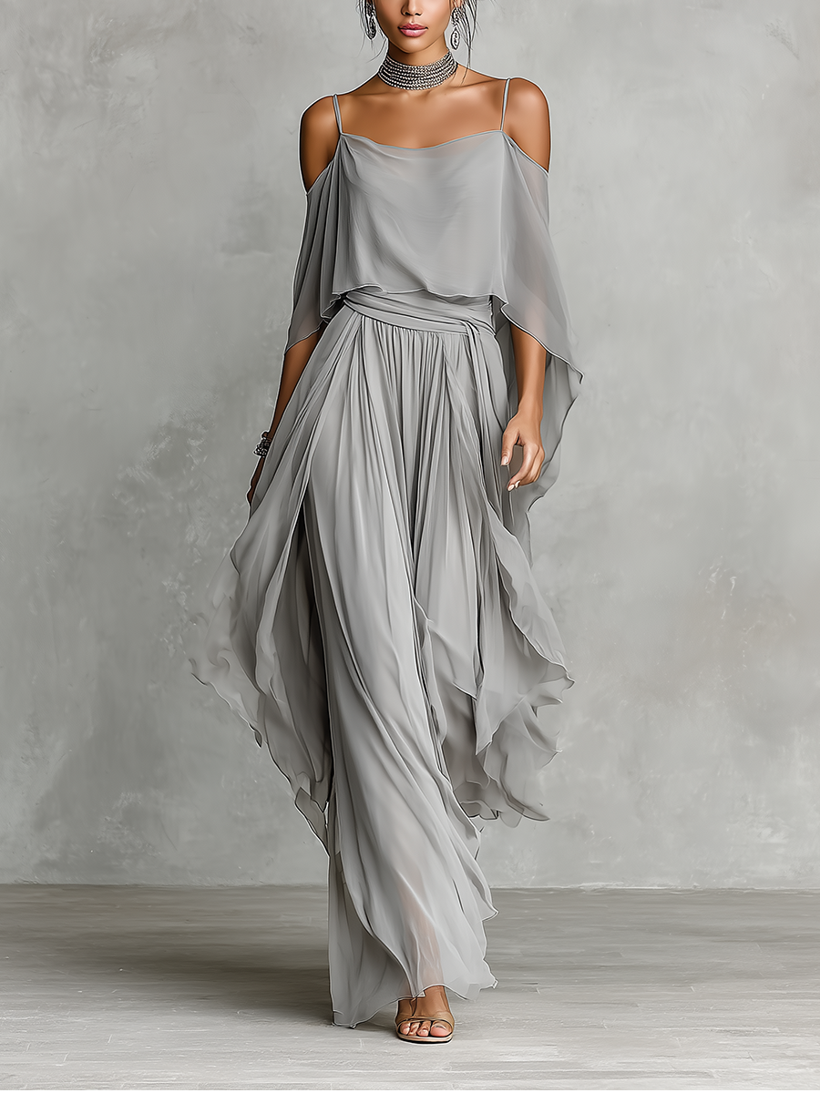 Completo in Chiffon Traspirante Grigio Donna con Dettaglio Spalle Scoperte & Silhouette Svasata, Stile Contemporaneo Lusso-Femminile