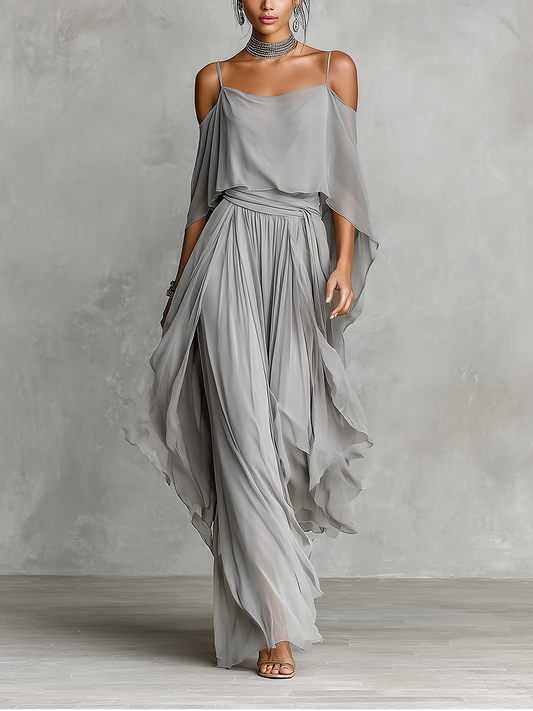 Completo in Chiffon Traspirante Grigio Donna con Dettaglio Spalle Scoperte & Silhouette Svasata, Stile Contemporaneo Lusso-Femminile