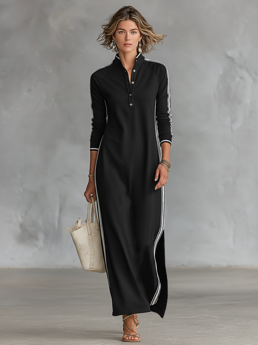 Abito Maxi Felpa Donna con Colletto Button-down e Bordo Bianco