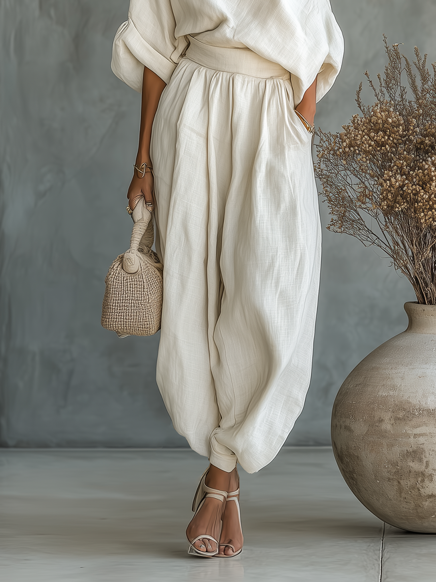Stella - Set da donna in lino off-white con top casual a spalle scoperte e pantaloni tapered
