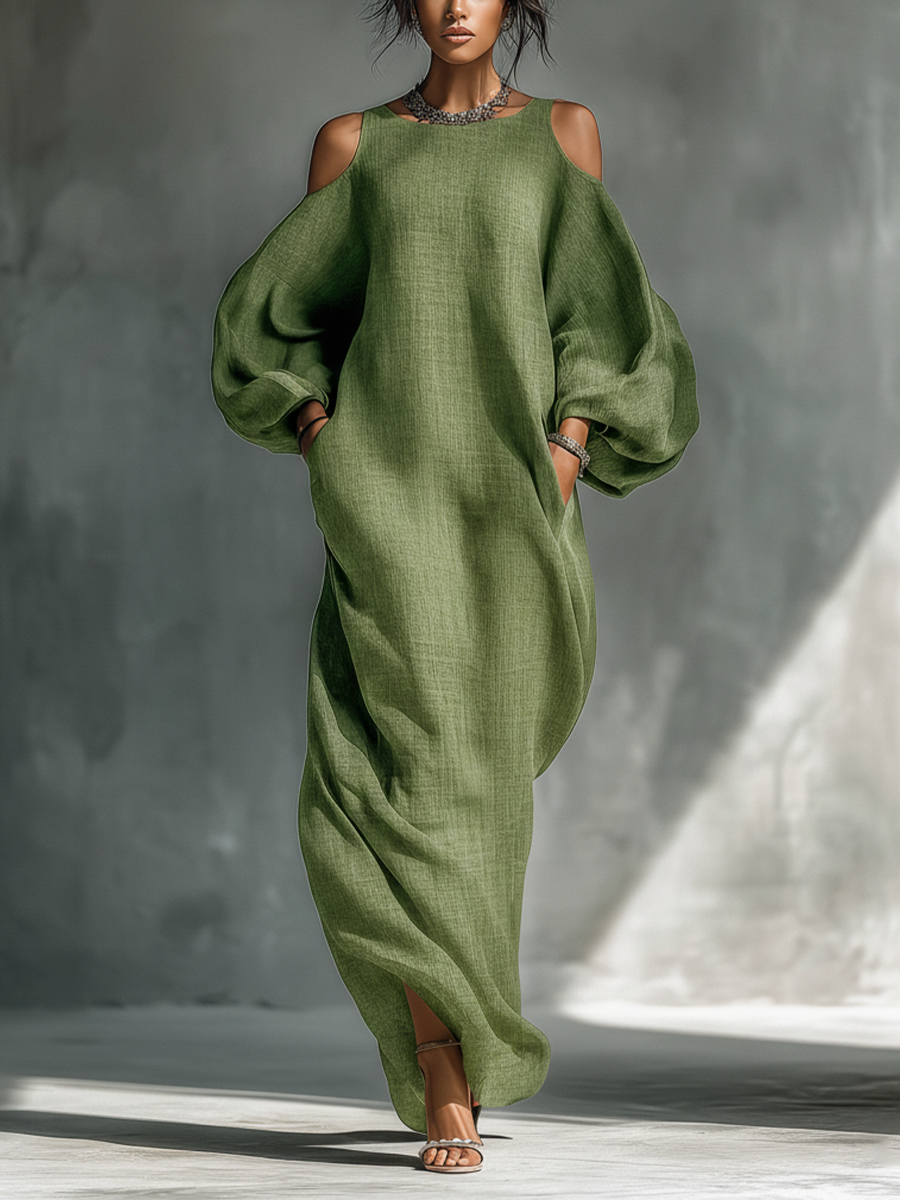 Abito maxi donna verde chiaro con spalle scoperte, maniche a sbuffo oversize e tasche laterali