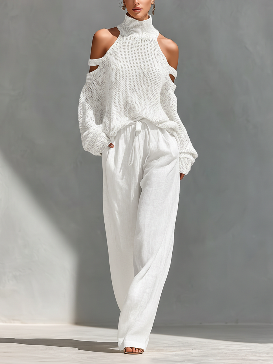 Completo Top Collo Alto con Spalle Scoperte in Maglia Beige per Donne & Pantaloni a Gamba Larga