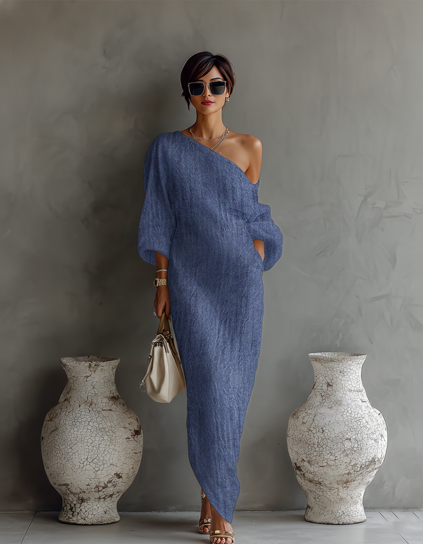 Abito Elegante Fluttuante in Cotone-Lino Bianco Avorio con Spalla Scoperta da Donna