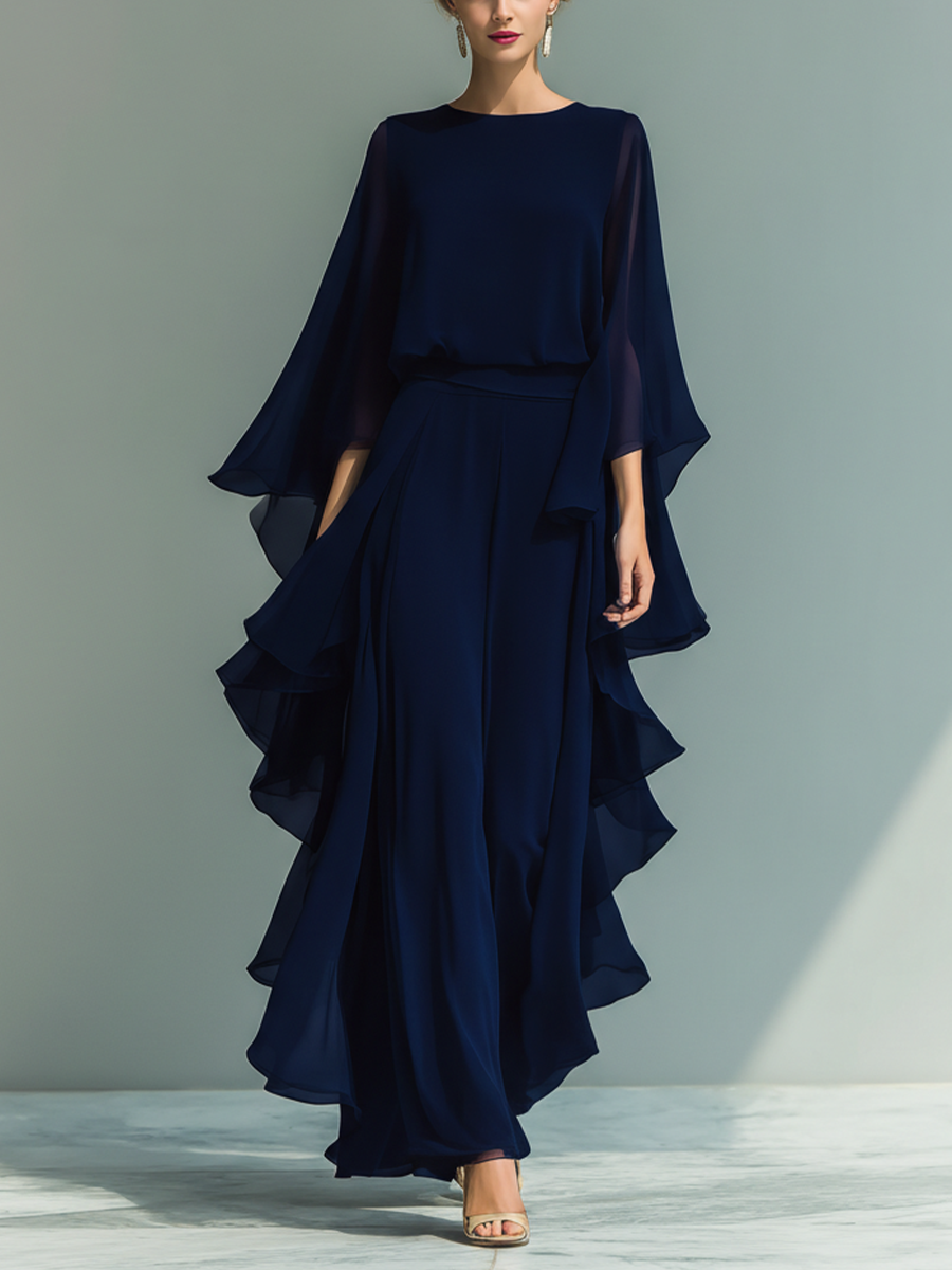 Completo Donna Top Chiffon Blu Marino Con Maniche A Campana E Pantaloni Dritti Con Dettagli Volant