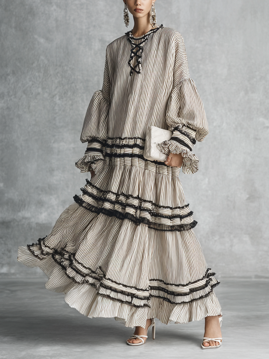 Abito maxi lungo a volant a righe bohemien per donna
