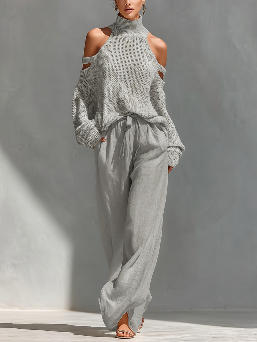 Completo Top Collo Alto con Spalle Scoperte in Maglia Beige per Donne & Pantaloni a Gamba Larga