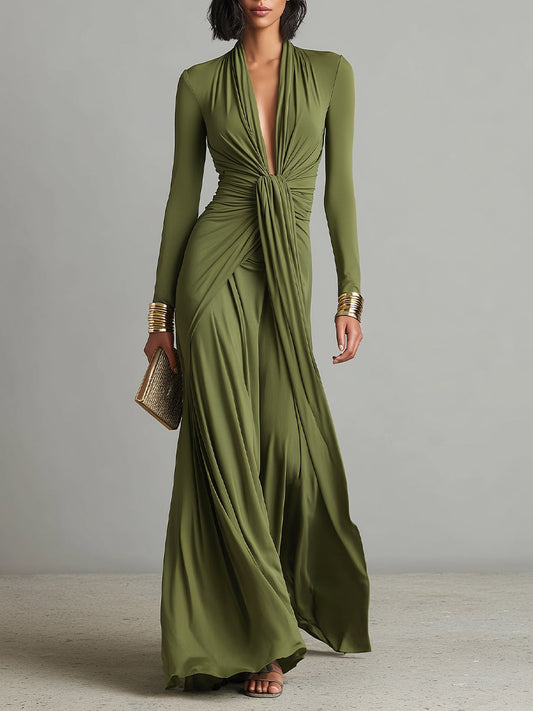 Abito Lungo Verde Oliva in Seta Stretch con Profondo Scollo a V e Dettagli Arricciati, Abito Maxi Glamour