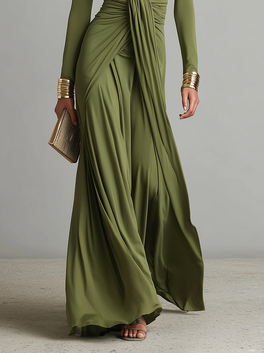 Abito Lungo Verde Oliva in Seta Elastico con Profondo Scollo a V e Dettagli Arricciati, Abito Maxi Glamour