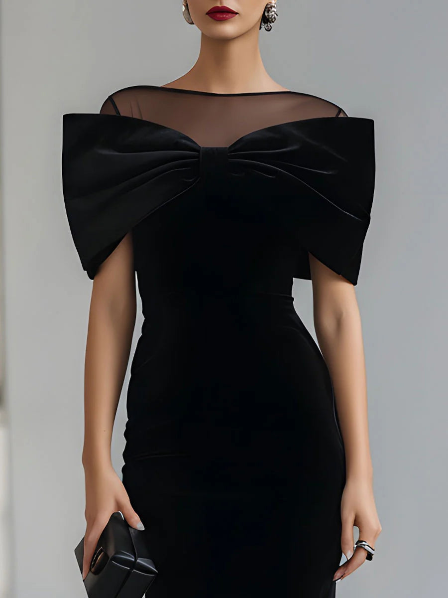 Regina ❘ Abito Midi in Velluto Nero Drammatico con Fiocco