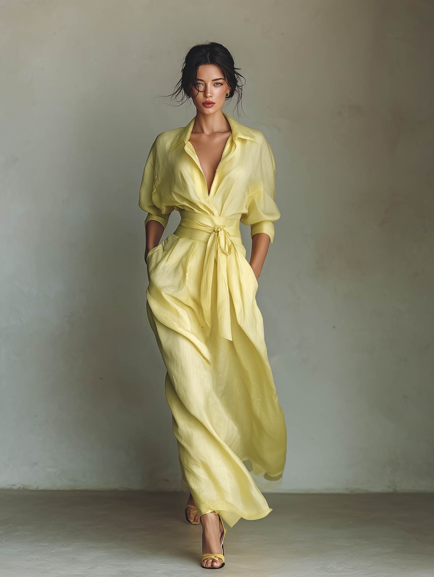 Abito Camicia Maxi Donna Giallo Limone In Cotone E Lino Con Cintura Da Annodare & Maniche A Tre Quarti