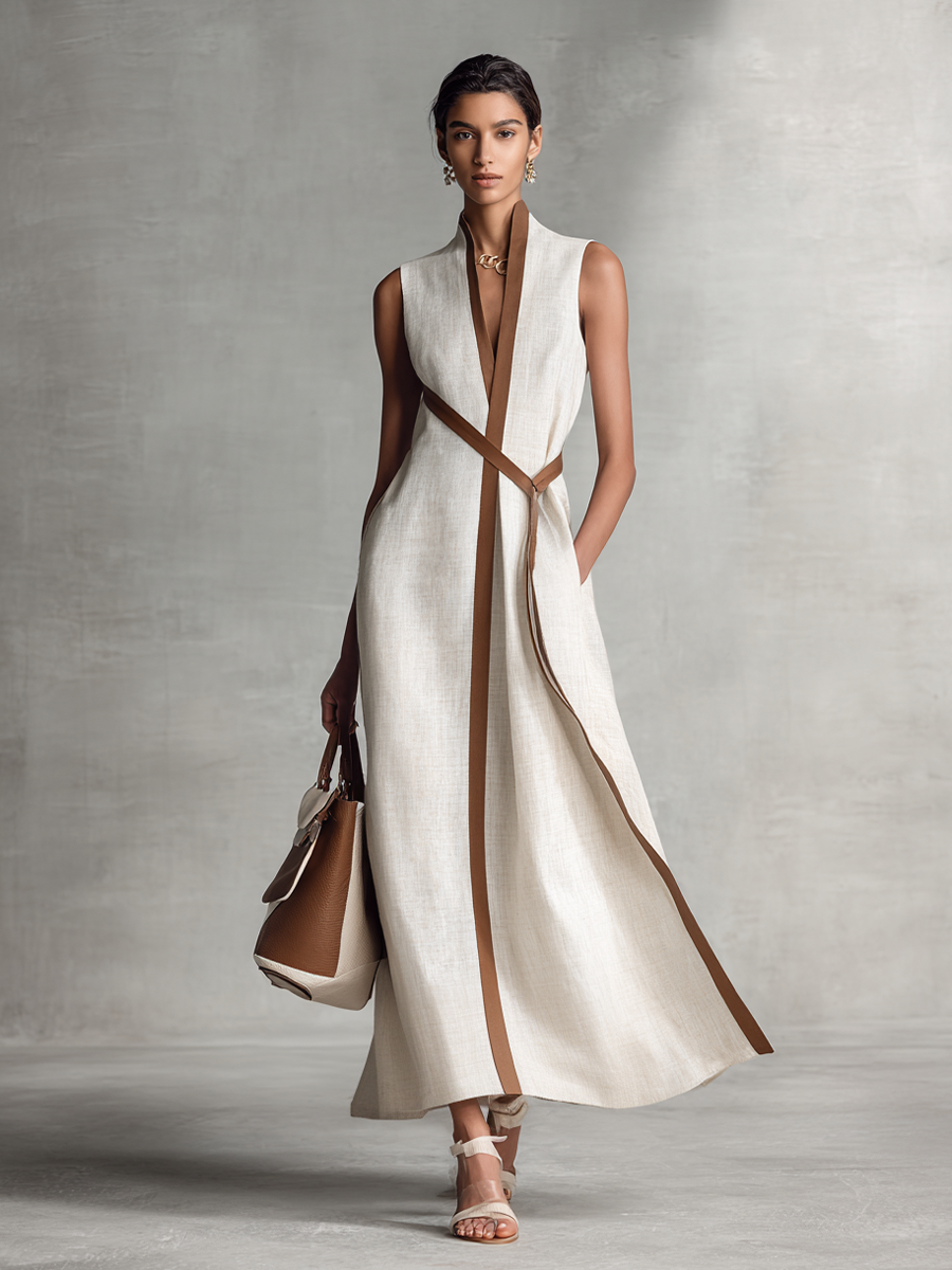 Abito Maxi in Cotone e Lino Senza Maniche con Scollatura a V e Cintura da Annodare per Donne
