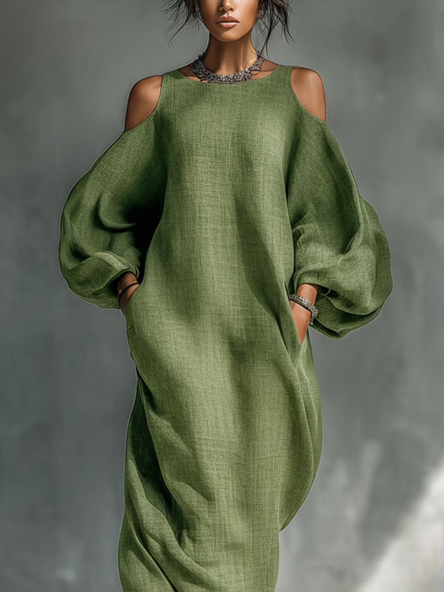 Abito maxi donna verde chiaro con spalle scoperte, maniche a sbuffo oversize e tasche laterali