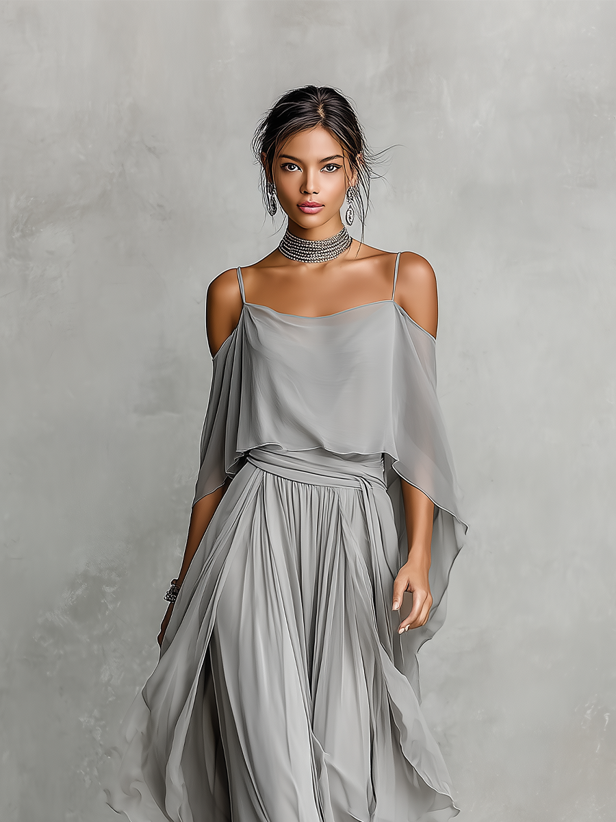 Completo in Chiffon Traspirante Grigio Donna con Dettaglio Spalle Scoperte & Silhouette Svasata, Stile Contemporaneo Lusso-Femminile