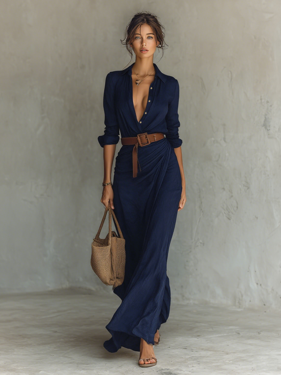 Cristina - Abito Maxi Lungo con Collo Revers e Maniche Lunghe per Donna