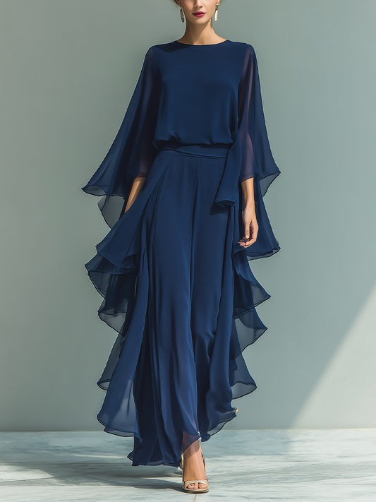 Set di Top in Chiffon Blu Navy con Maniche Svasate e Pantaloni a Gamba Dritta con Dettagli Ruchés