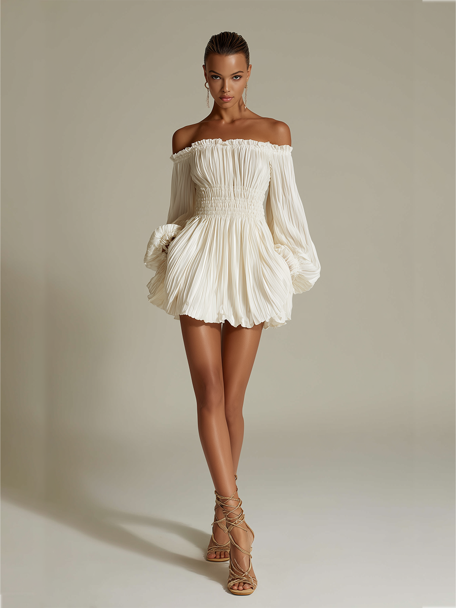 Abito Plissettato Avorio per Donna con Scollatura Bardot e Vita Arricciata, Abito Elegante Sexy Senza Tempo