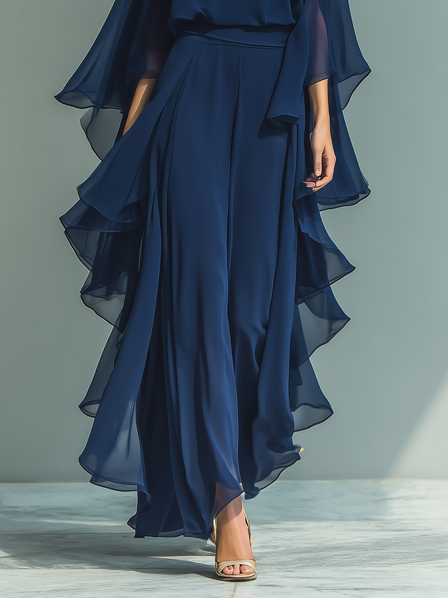 Completo in Chiffon Blu Navy con Maniche Svasate e Pantaloni Dritti con Dettagli Ruchés