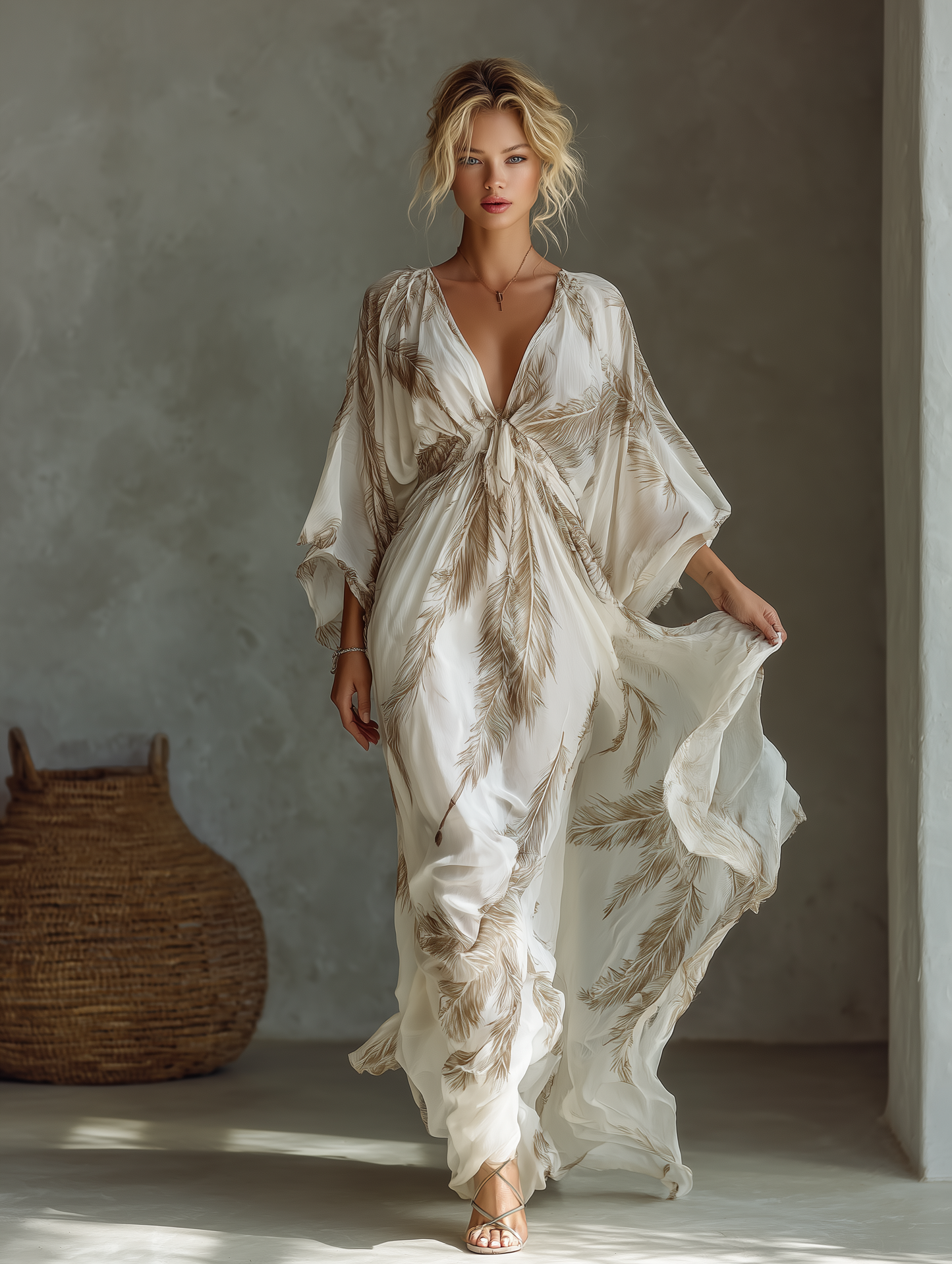 Abito Maxi in Chiffon Avorio e Taupe con Maniche Dolman e Davanti Intrecciato con Stampa Foglia di Palma