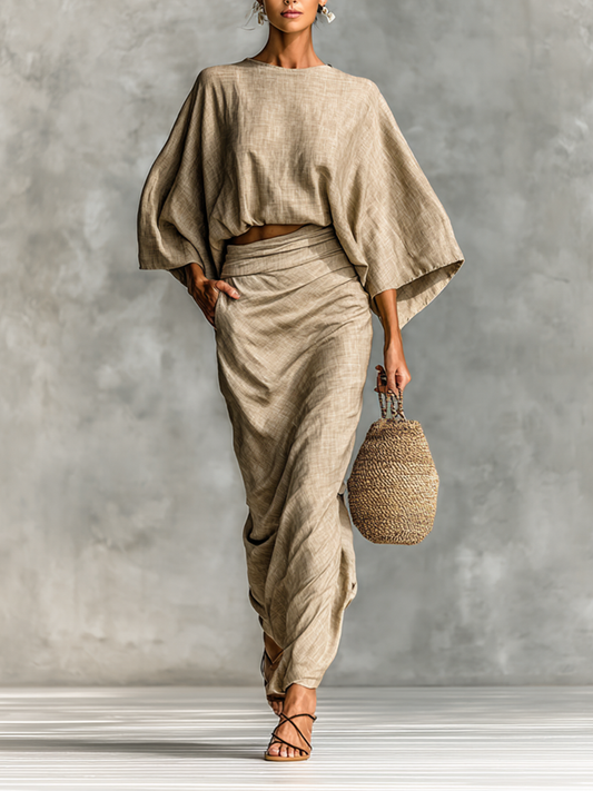 Set di due pezzi con gonna lunga in misto cotone e lino con maniche a pipistrello