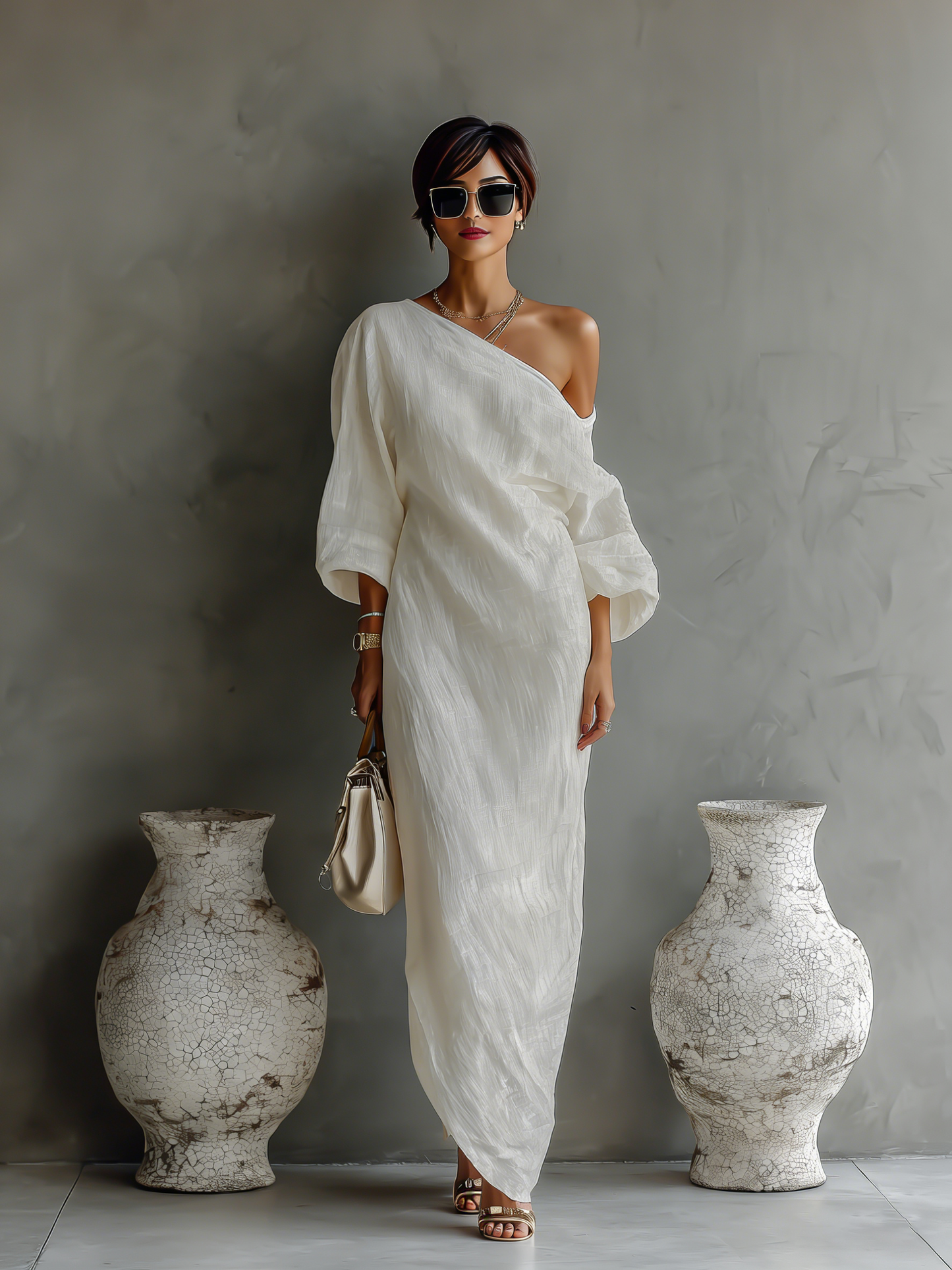 Abito Elegante in Cotone-Lino Bianco Avorio con Spalla Scoperta e Design Fluttuante