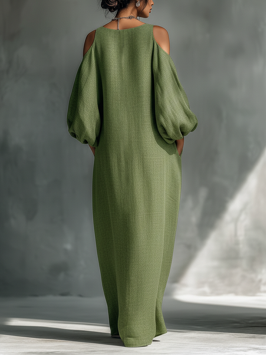 Abito maxi donna verde chiaro con spalle scoperte, maniche a sbuffo oversize e tasche laterali