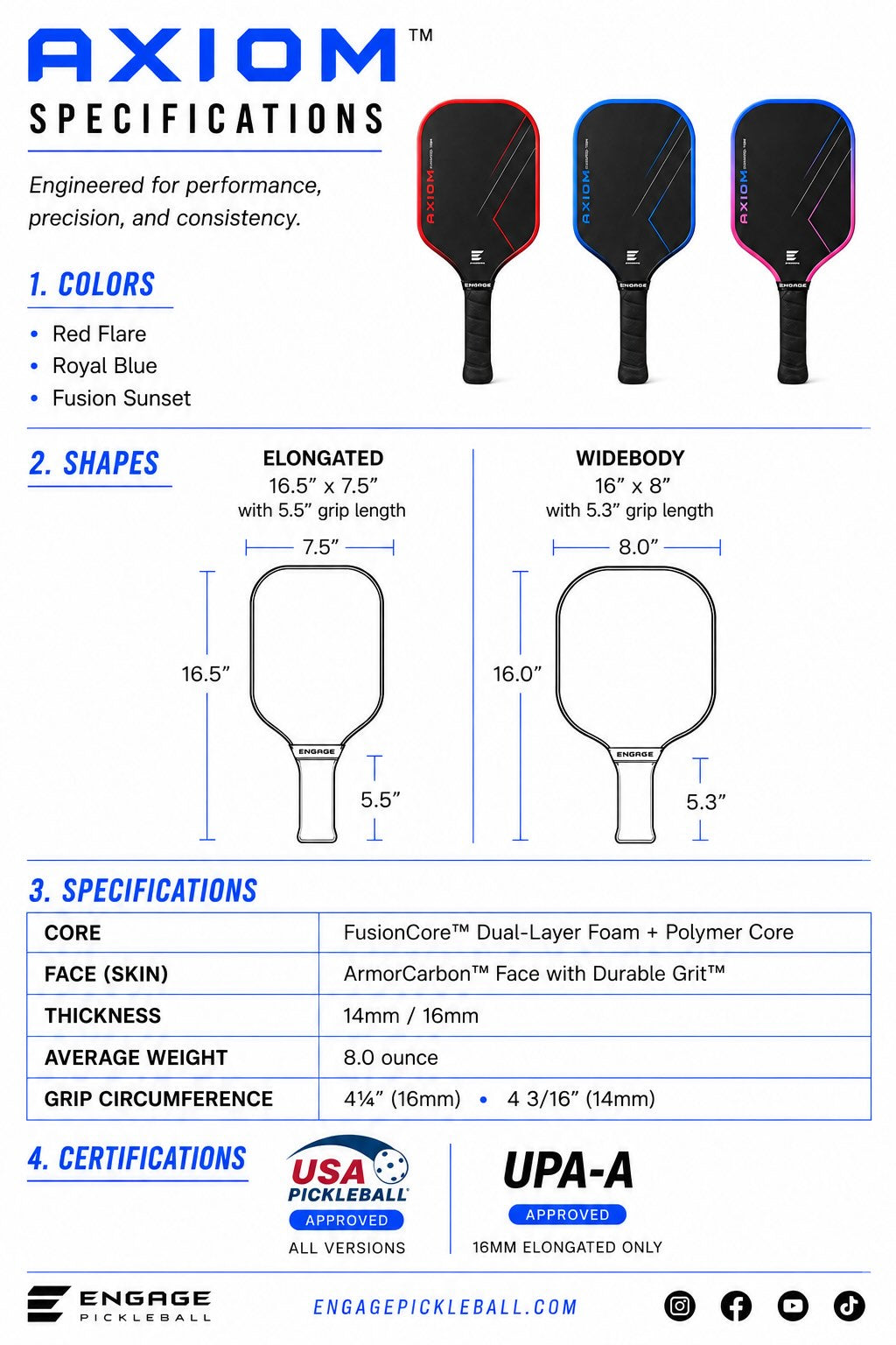 Engage Axiom Elongated Pickleball Paddle | Durable Grit