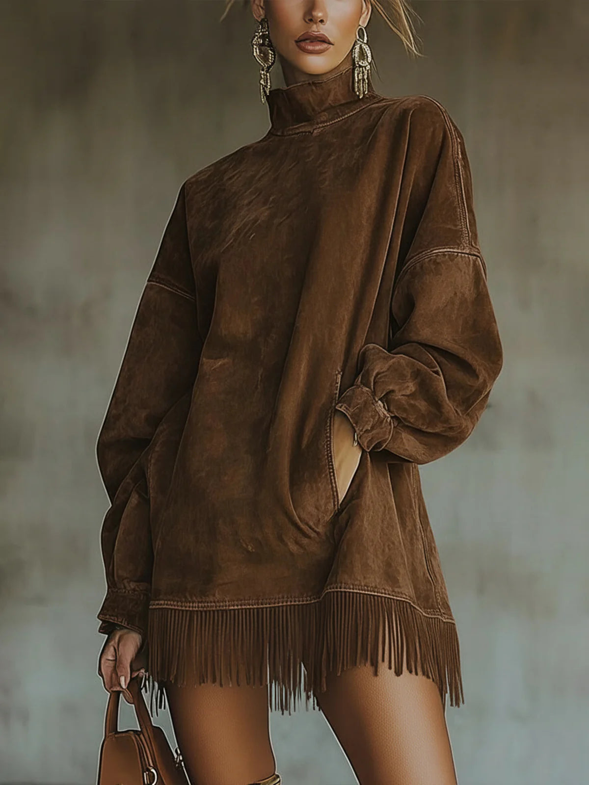 Amalia ║ Vestito in suede con collo alto e frange