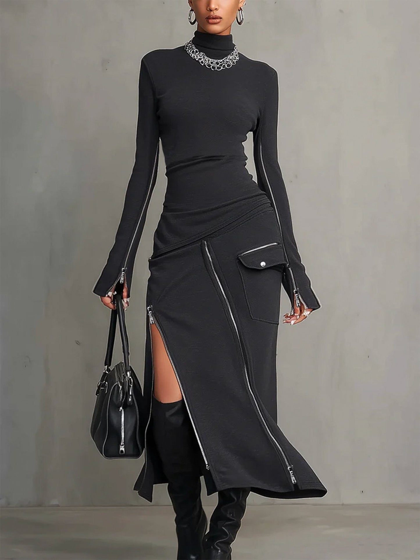 Completo con tasche zip irregolari e colletto alto