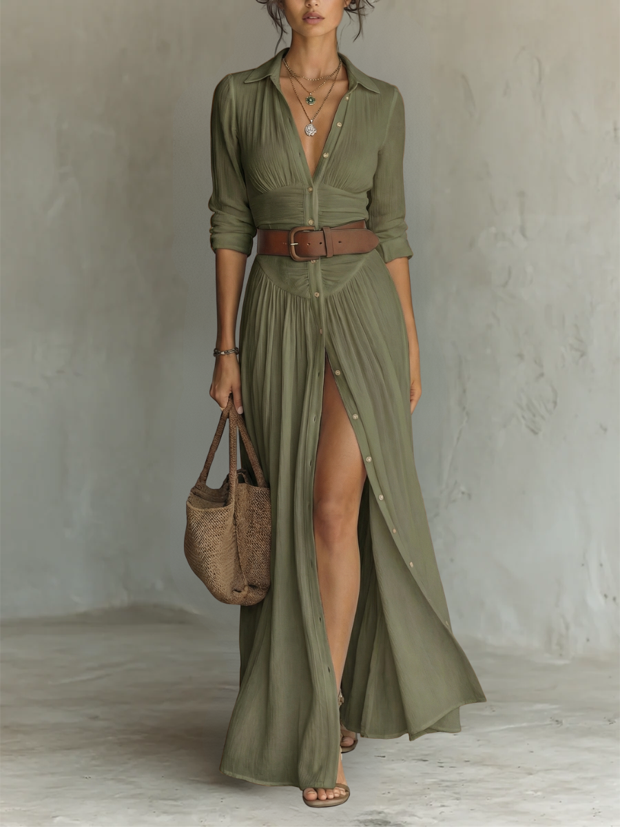 Abito Maxi con Collo Revers e Maniche Lunghe
