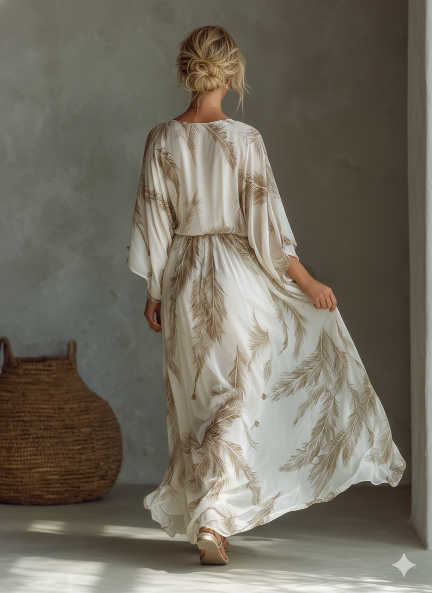 Abito Maxi in Chiffon Avorio e Taupe con Maniche Dolman e Davanti Intrecciato con Stampa Foglia di Palma