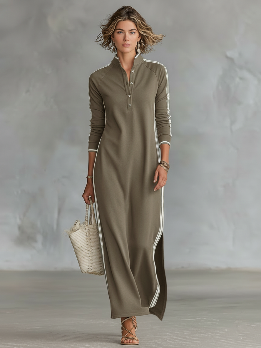 Abito Maxi Felpa Donna con Colletto Button-down e Bordo Bianco