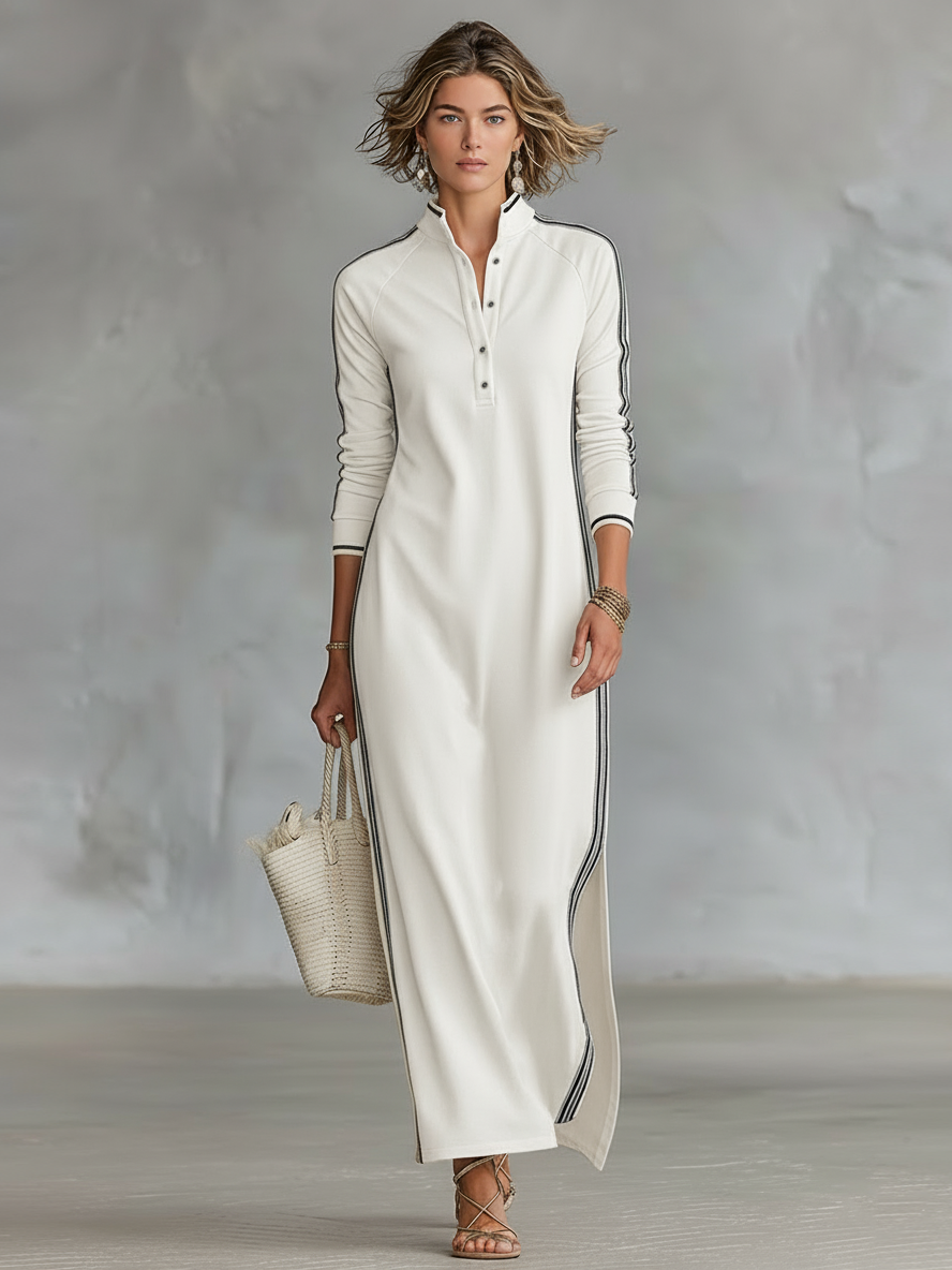 Abito Maxy Sweatshirt Minimalista da Donna con Collo a Camicia e Bordo Bianco
