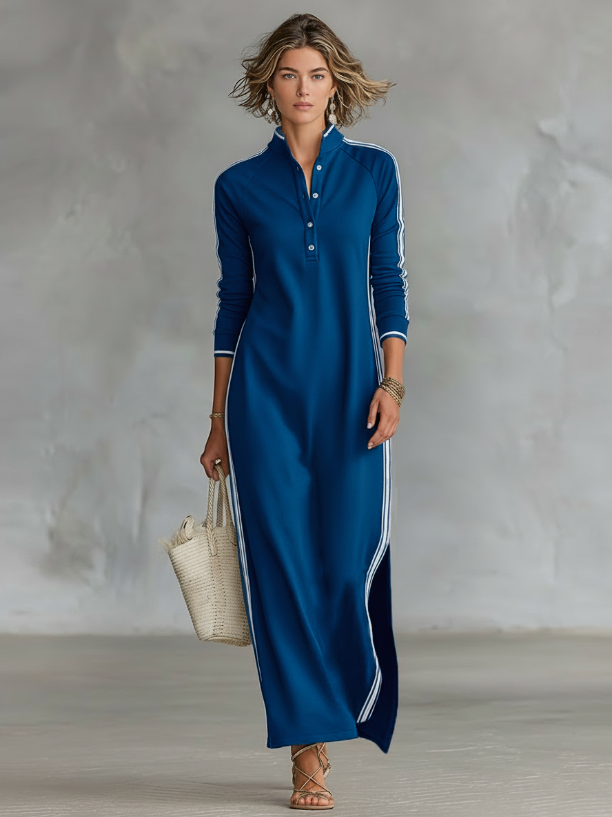 Abito Maxi Felpa Donna con Colletto Button-down e Bordo Bianco