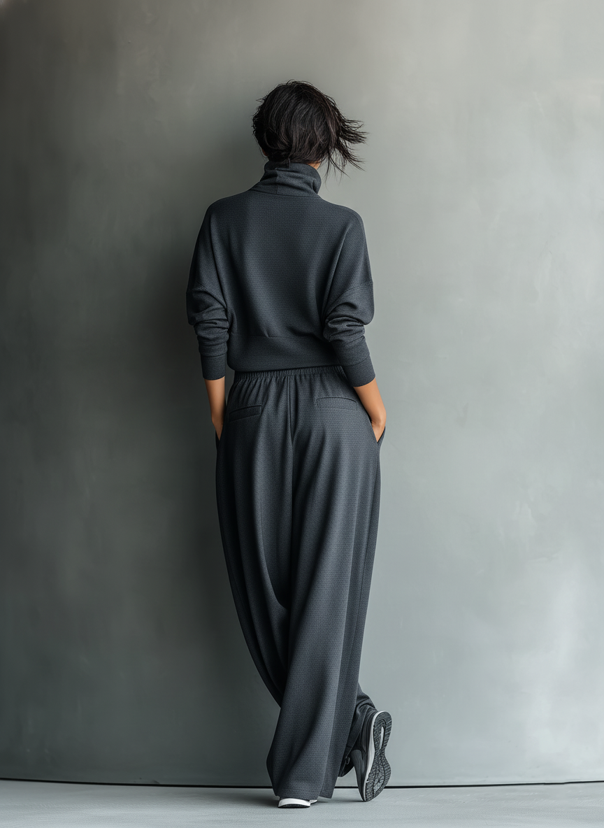 Set da donna in maglia di carbone con collo alto e pantaloni a gamba larga