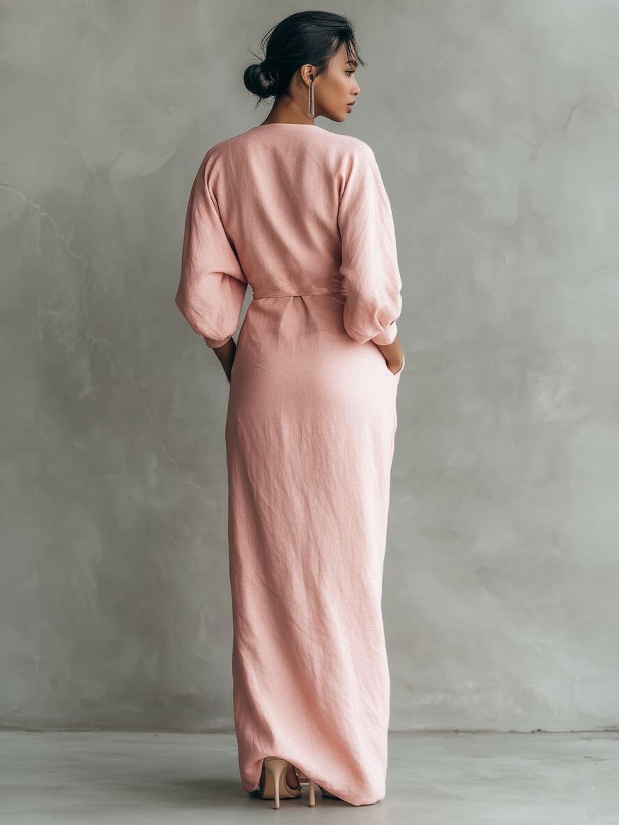 Abito Maxi Drappeggiato in Lino con Collo a V e Maniche Dolman — Rosa Poudré