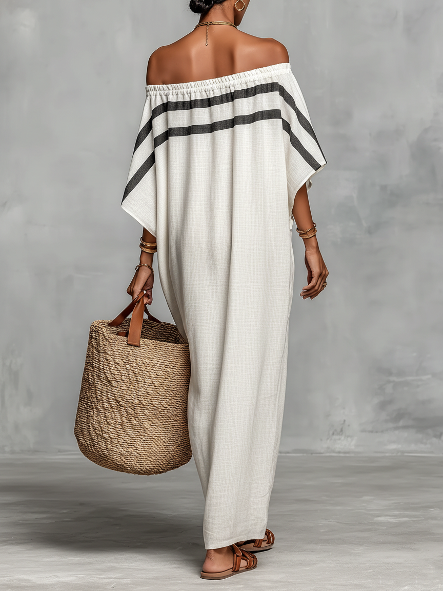 Maxi Abito Minimalista in Lino per Donna con Scollo Off-the-Shoulder e Maniche a Campana