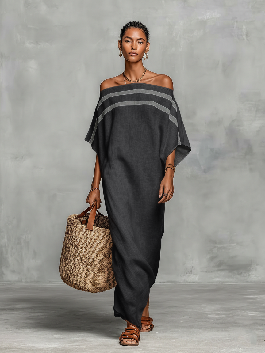 Rina - Maxi Abito Minimalista in Lino per Donna con Scollo Off-the-Shoulder e Maniche a Campana