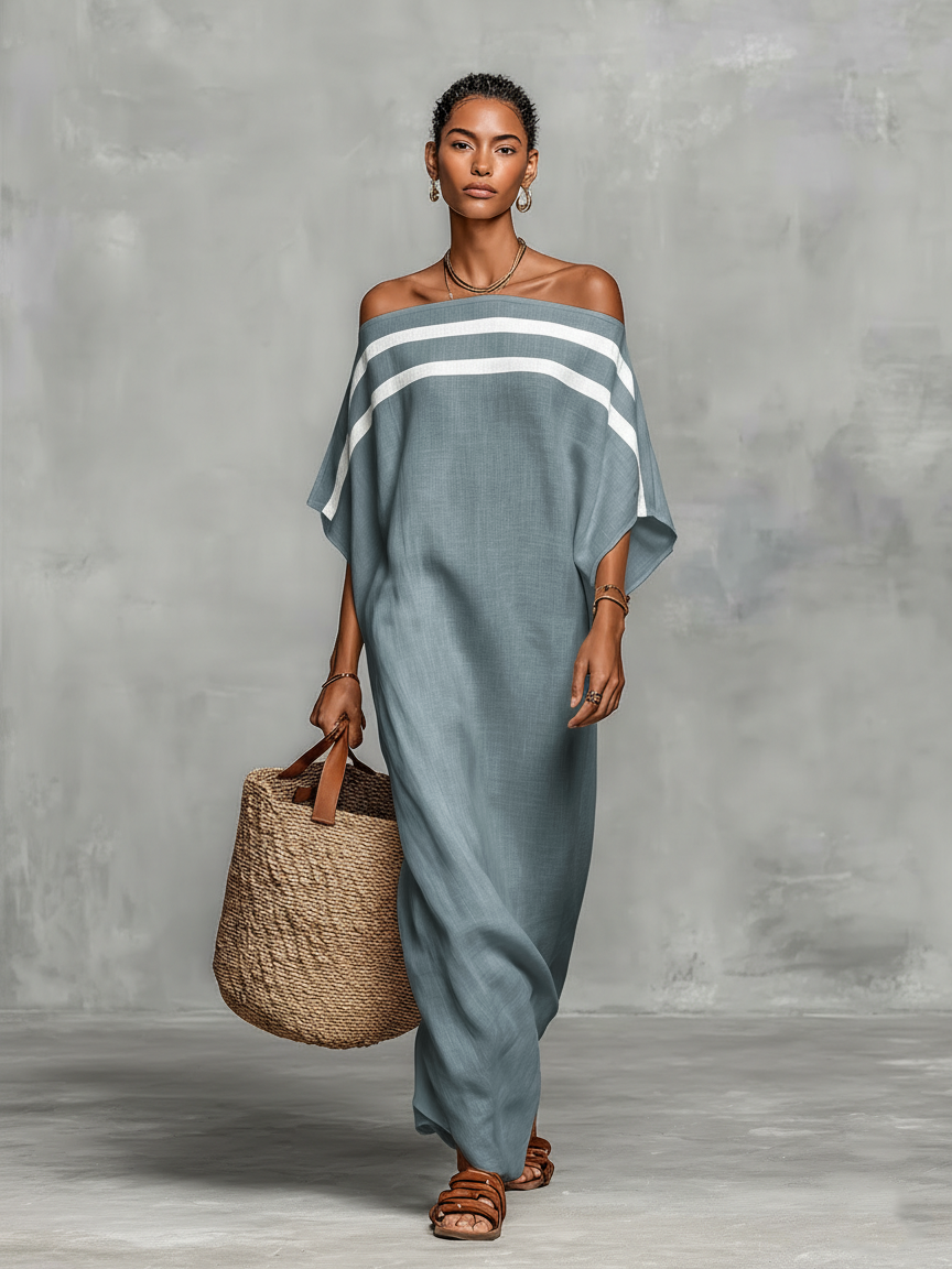 Maxi Abito Minimalista in Lino per Donna con Scollo Off-the-Shoulder e Maniche a Campana