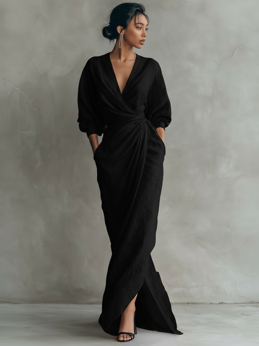 Abito Maxi Rosa Minimalista da Donna con Scollo a V in Misto Lino